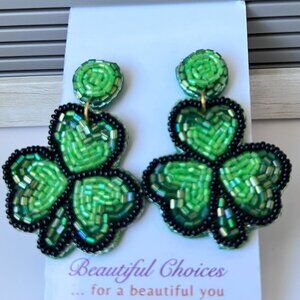 St Patricks Shamrock Trinity Earrings Handmade Beaded Jewelry